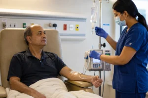 Middle-aged male patient receiving chemotherapy infusion in a hospital chair while a female nurse in blue scrubs and mask adjusts the IV pump.