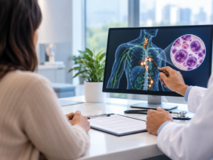 Doctor pointing at a digital illustration of the human lymphatic system on a monitor, with a magnified inset of lymphoma cells, while explaining a diagnosis to a patient holding a clipboard