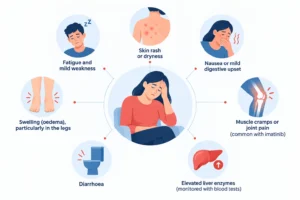 Infographic showing common side effects of targeted therapy, including fatigue and mild weakness, skin rash or dryness, nausea or digestive upset, muscle cramps or joint pain, elevated liver enzymes, diarrhoea, and swelling in the legs.