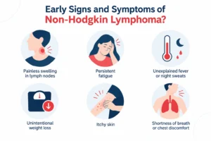 Infographic titled 'Early Signs and Symptoms of Non-Hodgkin Lymphoma' showing six symptoms: painless swelling in lymph nodes, persistent fatigue, unexplained fever or night sweats, unintentional weight loss, itchy skin, and shortness of breath or chest discomfort