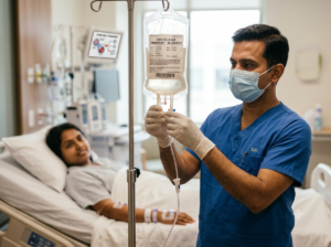 Doctor in blue scrubs preparing an allogeneic stem cell transplant IV bag for infusion, with patient resting in hospital bed in the background