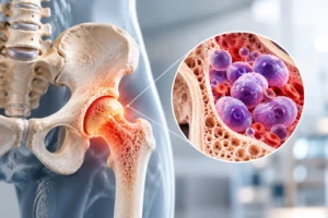 3D illustration of a hip joint and lower spine with a magnified view of abnormal plasma cells crowding the bone marrow, representing multiple myeloma