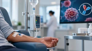Patient receiving an intravenous infusion in a clinical setting, with a screen in the background displaying a 3D illustration of a targeted antibody binding to a cancer cell.