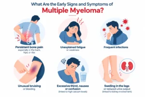 Infographic showing early signs and symptoms of multiple myeloma, including persistent bone pain, unexplained fatigue, frequent infections, unusual bruising, excessive thirst with nausea or confusion, and leg swelling linked to kidney involvement