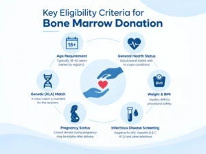 Infographic showing key eligibility criteria for bone marrow donation, including age requirement, general health status, weight and BMI, genetic HLA match, pregnancy status, and infectious disease screening