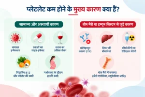 प्लेटलेट कम होने के कारण दर्शाता इन्फोग्राफिक — वायरल इन्फेक्शन, दवाओं का साइड-इफेक्ट, शराब का सेवन, विटामिन B12 और फोलेट की कमी, गर्भावस्था, ऑटोइम्यून कारण (ITP), लिवर की बीमारियां और बोन मैरो की समस्याएं